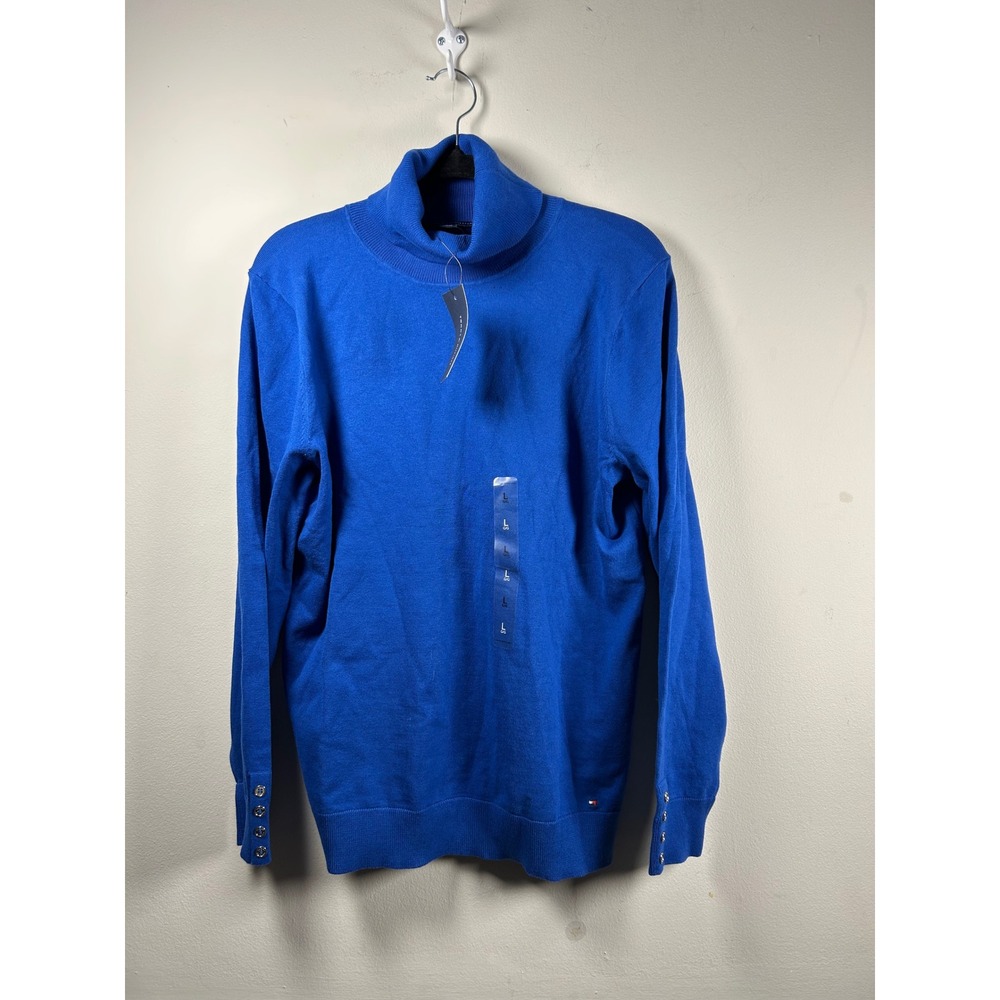 New Tommy Hilfiger Stella Sweater Womens Large Blue Gold Button Cuff Turtleneck